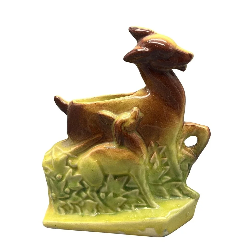 Vintage McCoy ? Pottery Deer Fawn Ceramic Planter Figurine Brown Art Pottery USA